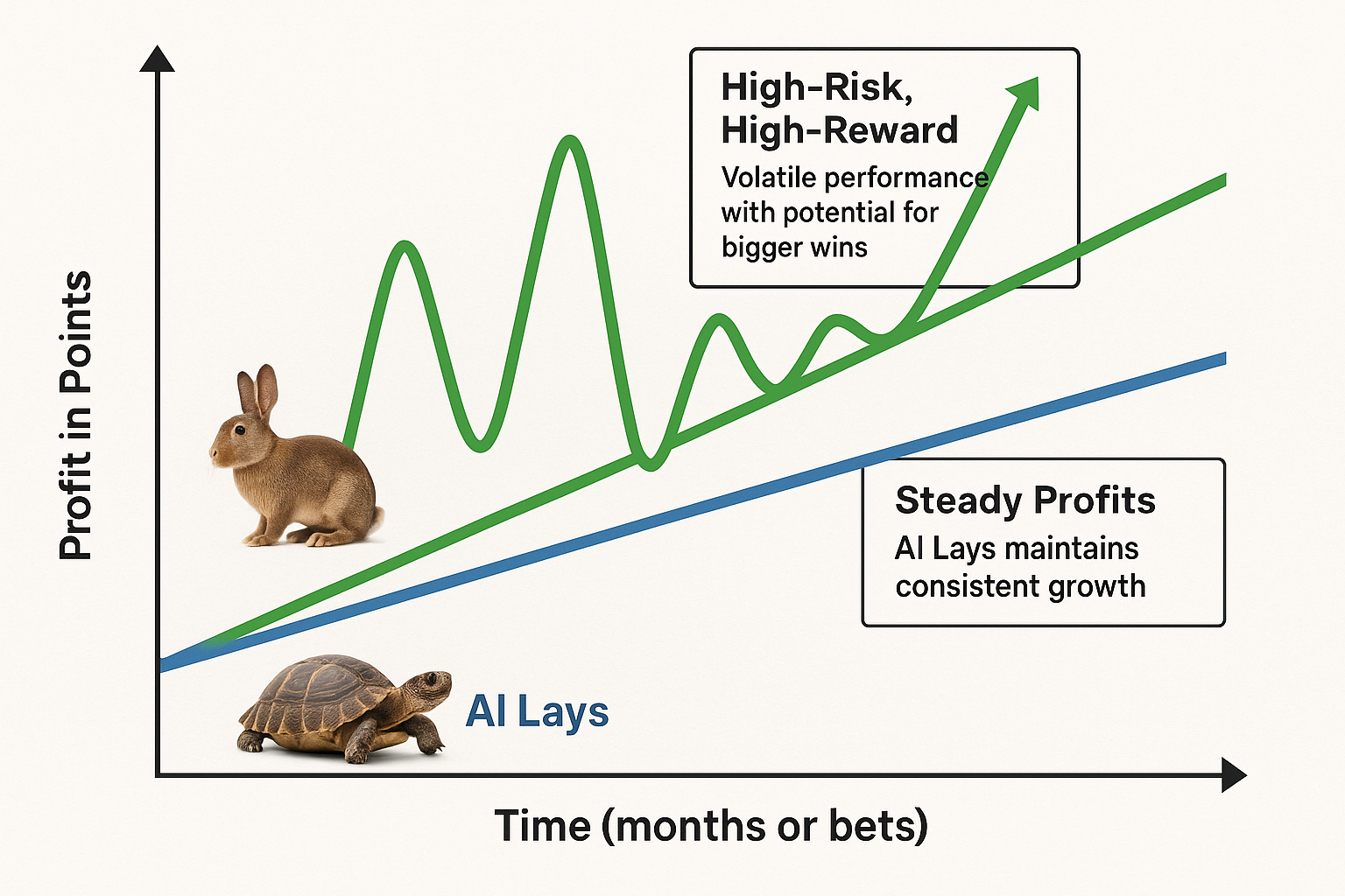 A line graph comparing the performance of AI Lays (blue line) with higher-odds tipsters (green line), symbolized by a tortoise and rabbit respectively. The blue line shows steady, consistent growth, while the green line fluctuates with sharp spikes and dips. The tortoise icon is placed beneath the blue line, representing steady progress, and the rabbit icon is placed beneath the green line, symbolizing high-risk, high-reward performance. Annotations highlight the difference in strategy, with 'Steady Profits' for AI Lays and 'High-Risk, High-Reward' for the other tipsters.