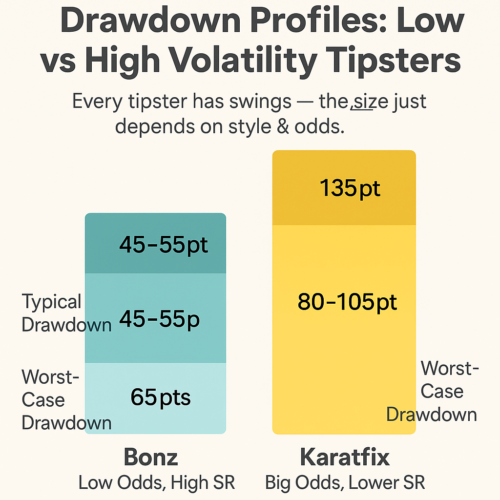 “Bar chart comparing typical and worst-case drawdowns between Bonz (low odds, high strike rate) and Karatfix (high odds, lower strike rate)