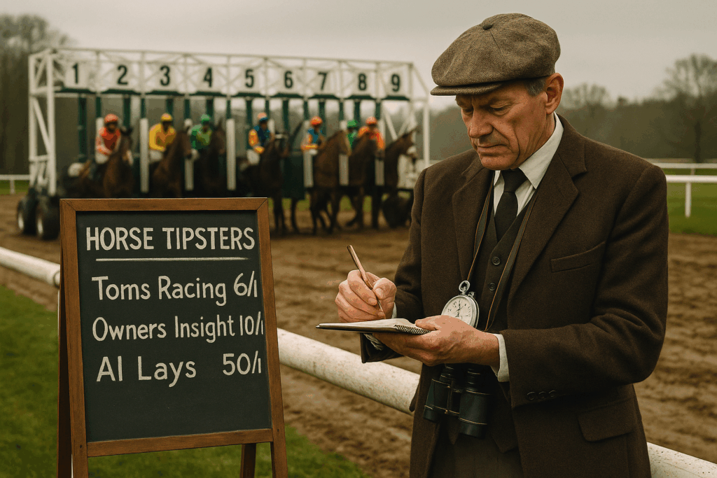 Traditional bookmaker at a horse racetrack setting odds with a chalkboard, including 'Horse Tipsters' with odds for Toms Racing 6/1, Owners Insight 10/1, and AI Lays 50/1, alongside race conditions and a stopwatch."