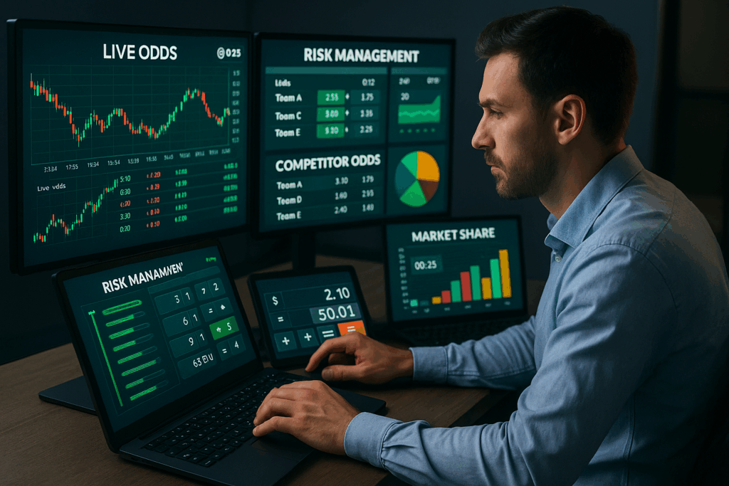 Modern bookmaker at a desk surrounded by multiple screens showing live betting data, market trends, competitor odds, and real-time odds adjustments, with risk management tools and market share graphs displayed on the screens