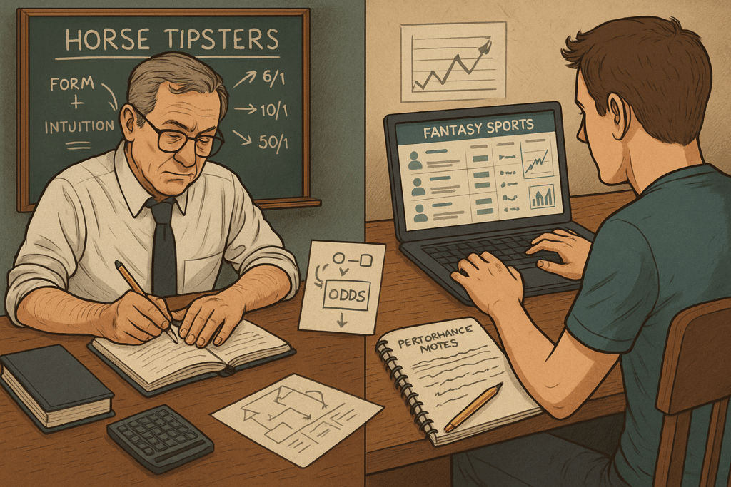 Split-screen image showing a traditional bookmaker setting odds with a chalkboard on one side, and a modern fantasy sports player managing tipster performance on a digital dashboard on the other, illustrating the shift from expert-driven to data-driven betting.